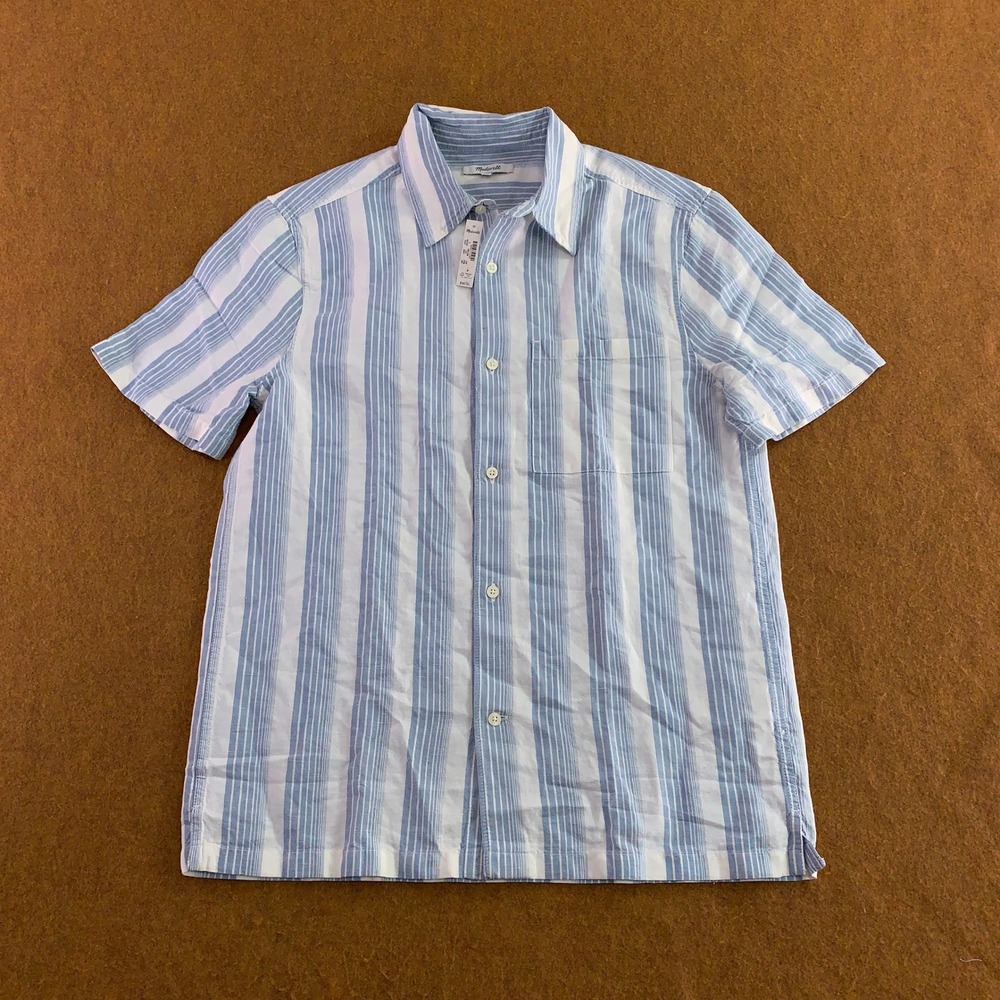 Madewell Mens Small Blue Striped Linen Cotton Short Sleeve Button Up Shirt NWT